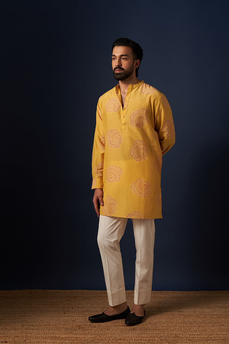 Yellow Rose Cotton Silk Hand Blockprinted Kurta