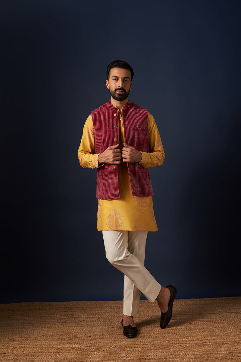 Atri Wine Red Stripes Hand Blockprinted Cotton Velvet Bandi