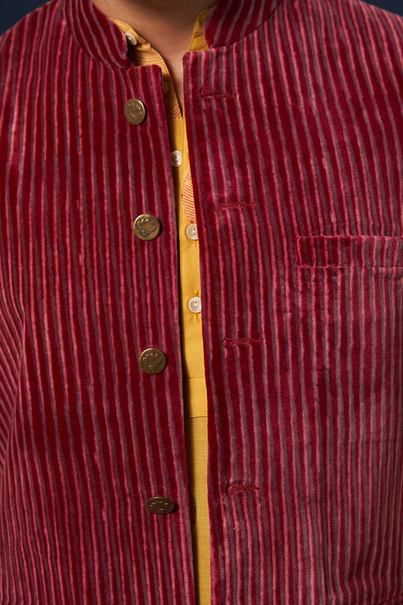 Atri Wine Red Stripes Hand Blockprinted Cotton Velvet Bandi