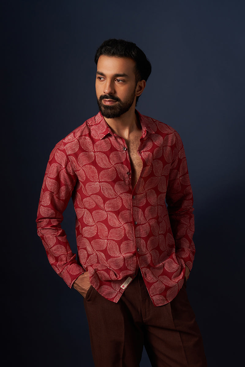 Wine Wind Cotton Silk Hand Blockprinted Shirt
