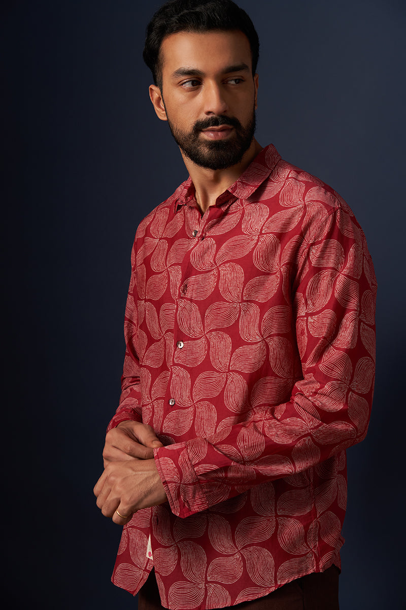 Wine Wind Cotton Silk Hand Blockprinted Shirt
