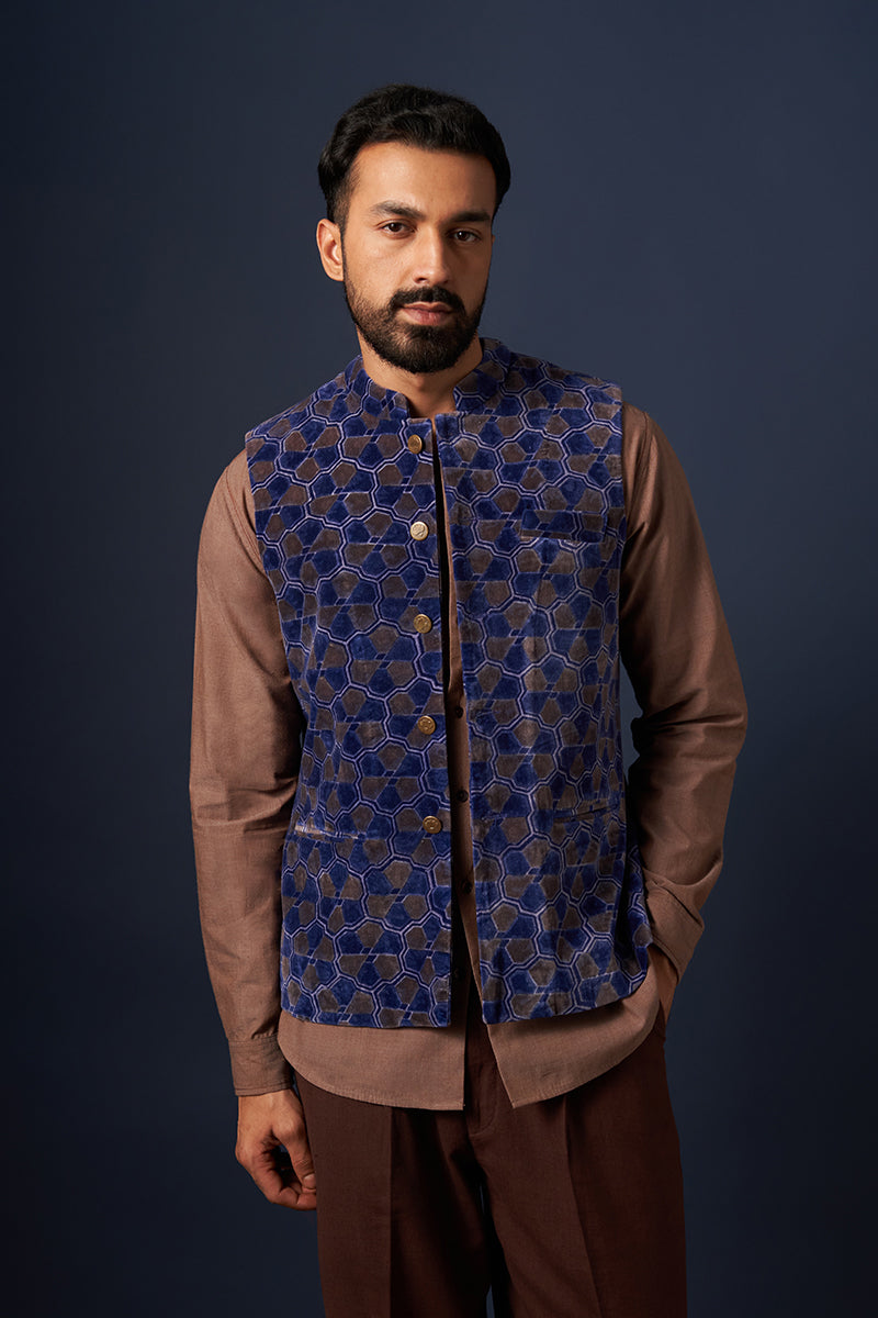 Bhardwaj Blue Tesselation Wine Red Hand Blockprinted Cotton Velvet Bandi