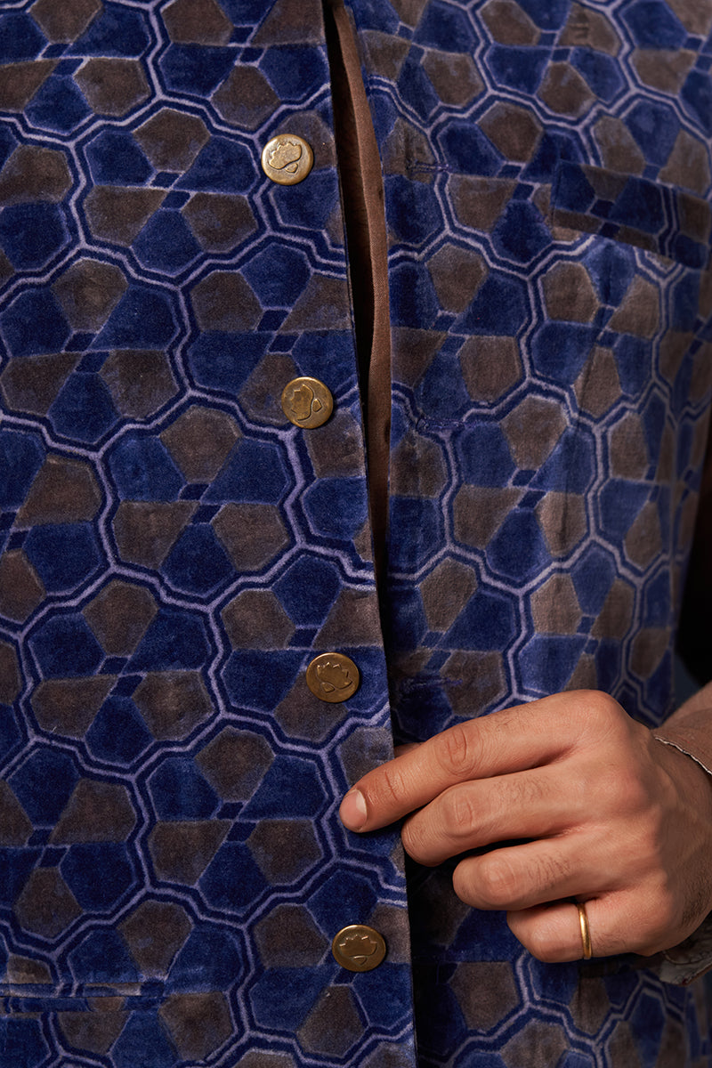 Bhardwaj Blue Tesselation Wine Red Hand Blockprinted Cotton Velvet Bandi
