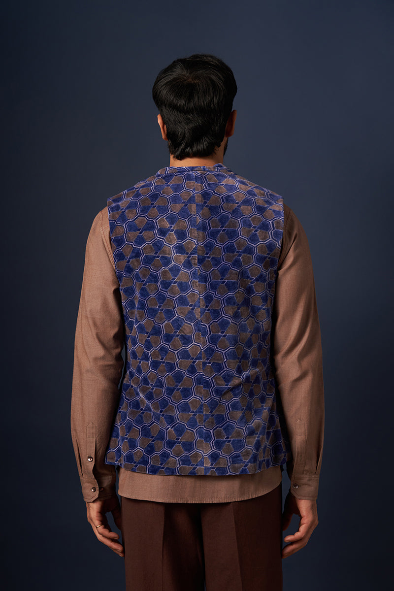 Bhardwaj Blue Tesselation Wine Red Hand Blockprinted Cotton Velvet Bandi