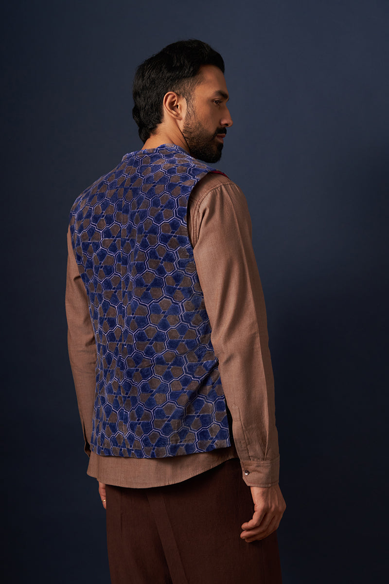 Bhardwaj Blue Tesselation Wine Red Hand Blockprinted Cotton Velvet Bandi