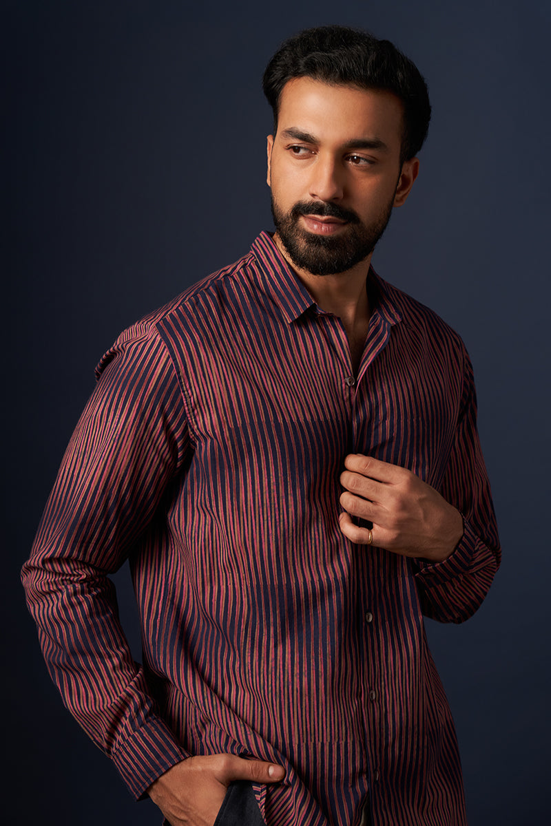 Indigo Stripes Voile Hand Blockprinted Shirt