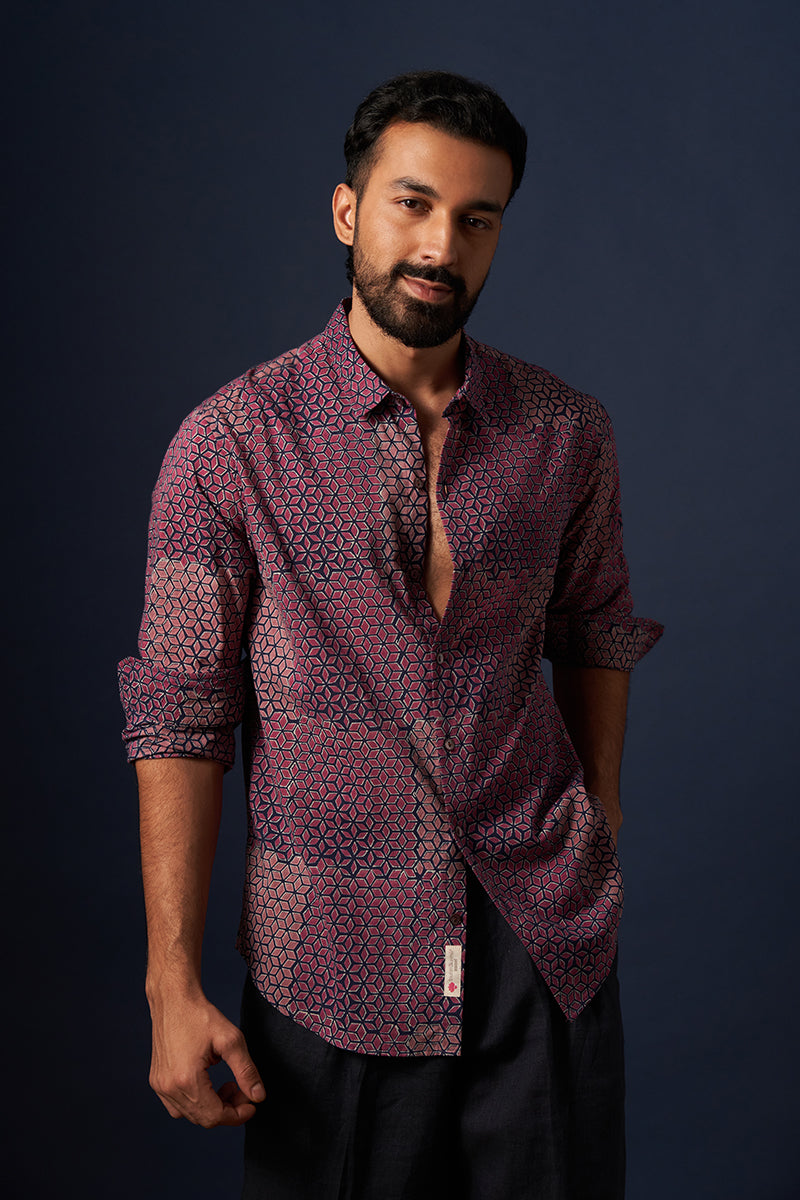 Wine Diamond Voile Hand Blockprinted Shirt