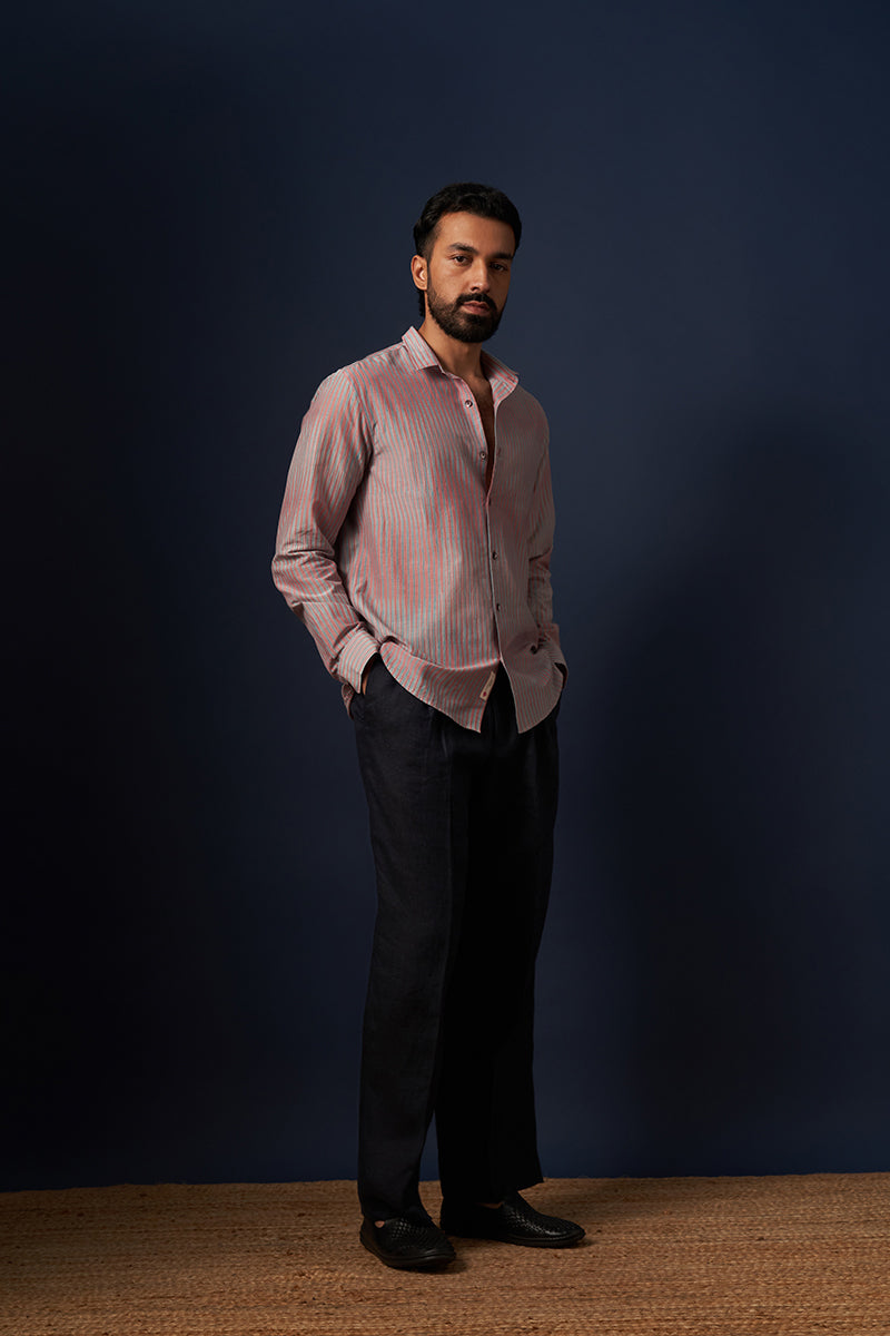 Pink Stripes Cotton Silk Hand Blockprinted Shirt