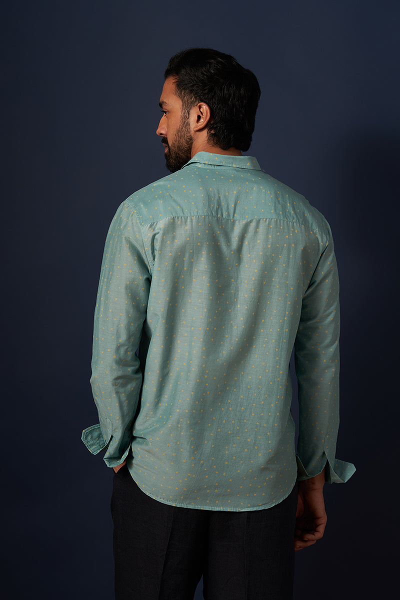 Teal Squares Cotton Silk Hand Blockprinted Shirt