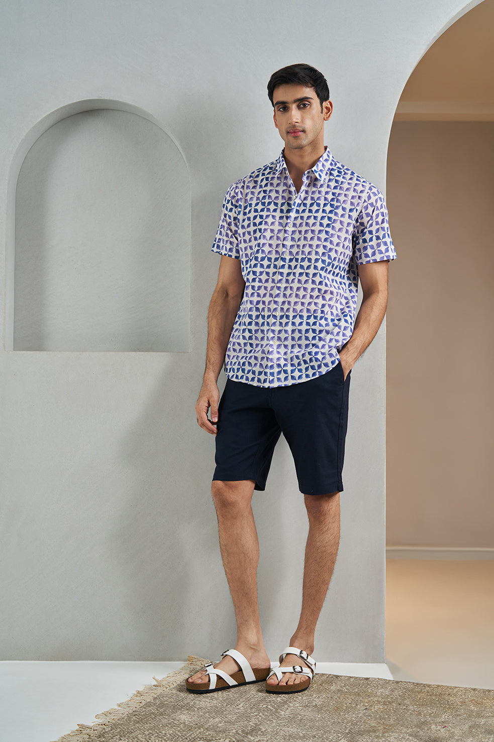 Blue Bunting Flower Handblock Printed Men's Shirt