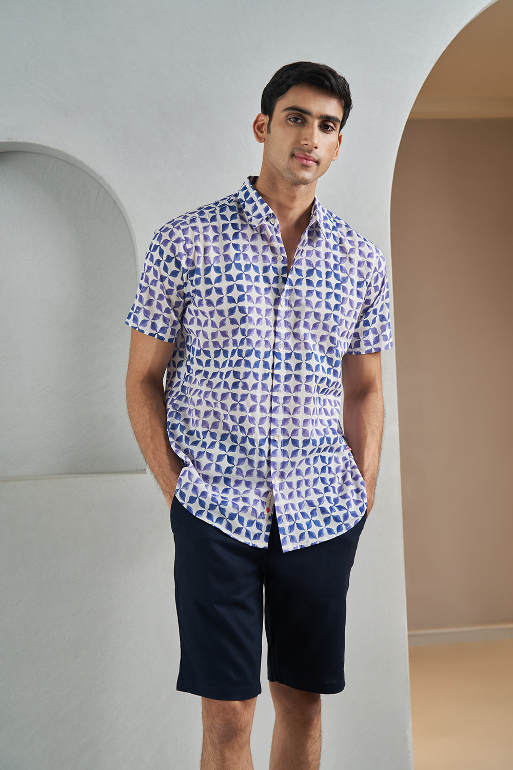 Blue Bunting Flower Handblock Printed Men's Shirt