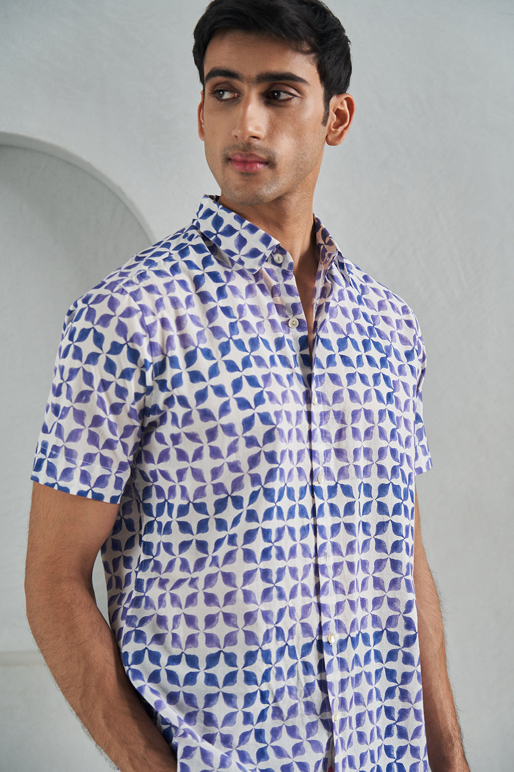 Blue Bunting Flower Handblock Printed Men's Shirt
