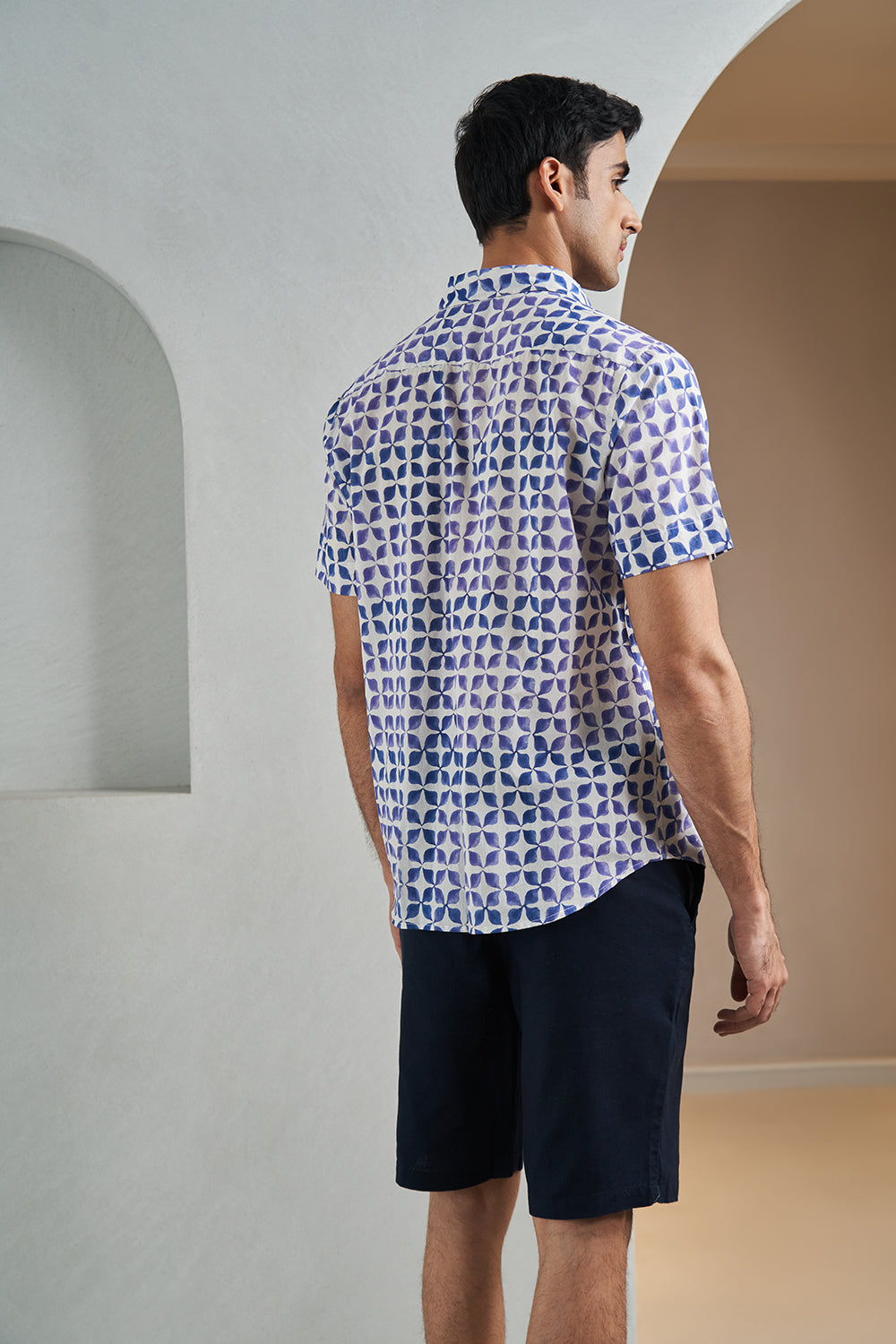 Blue Bunting Flower Handblock Printed Men's Shirt