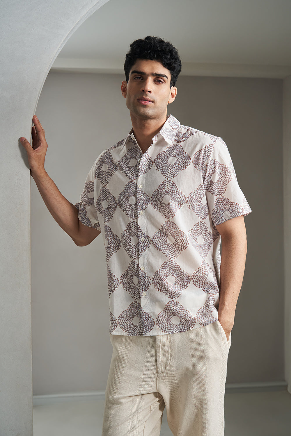 Brown Triangle Medallion Handblock Printed Men's Shirt