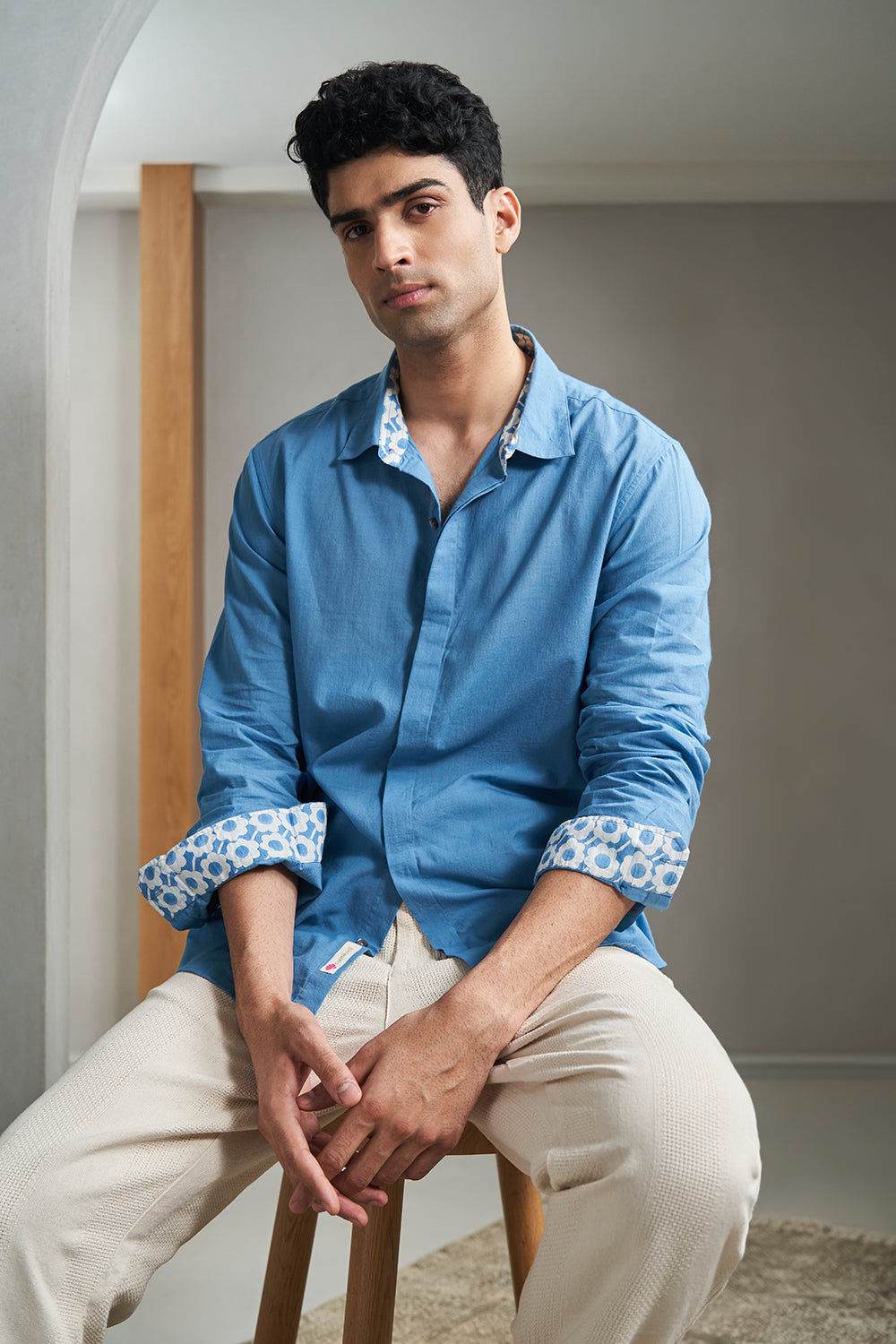 Blue Flowers Handloom muslin Men's Shirt