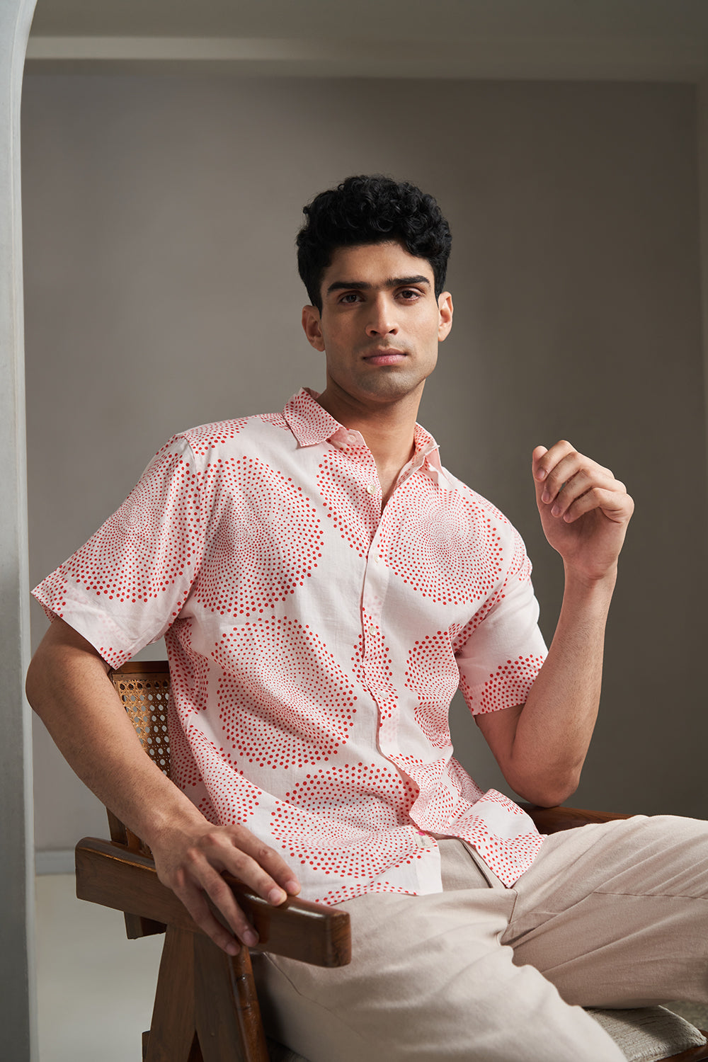 Red Dots Circle Handblock Printed Men's Shirt