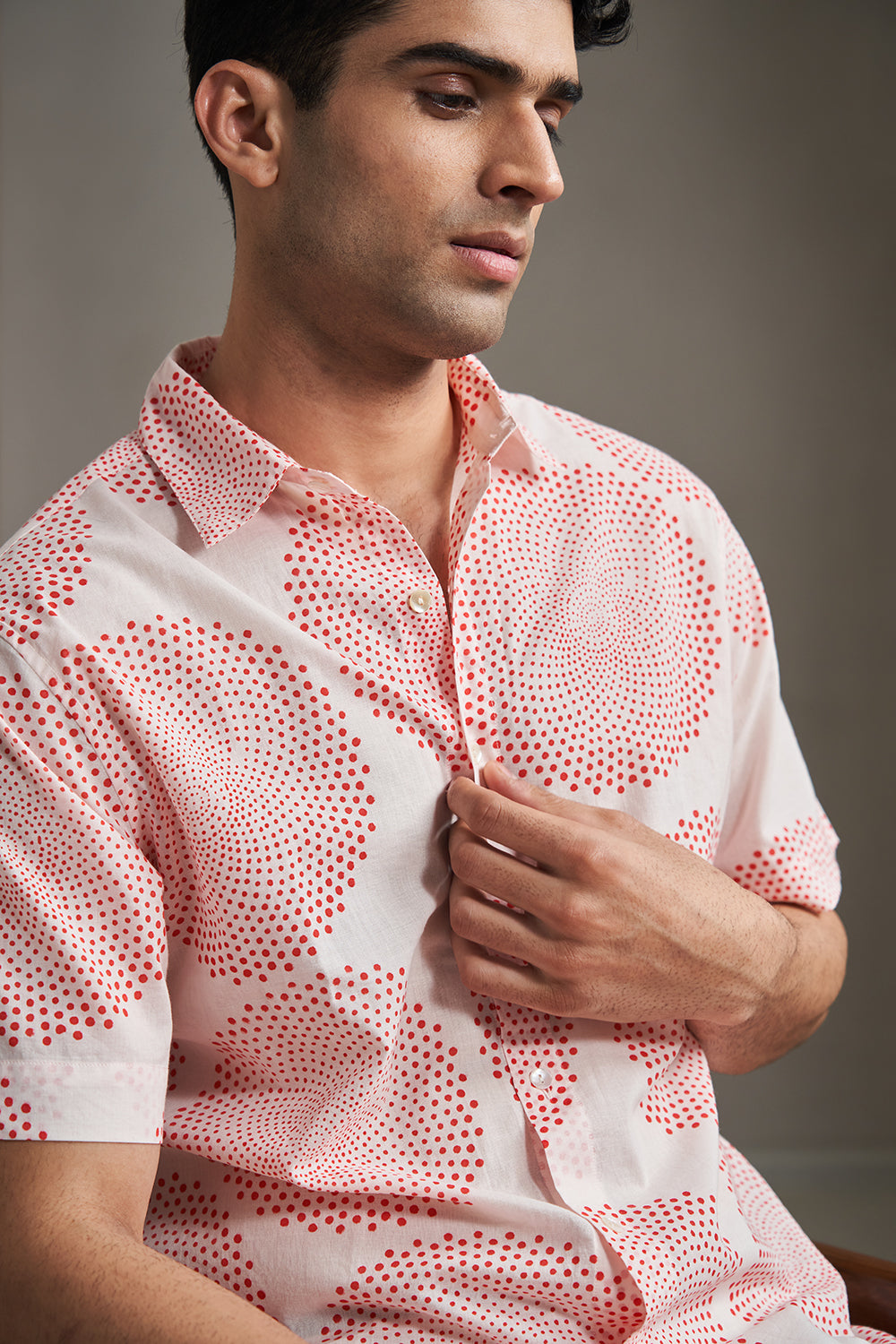 Red Dots Circle Handblock Printed Men's Shirt