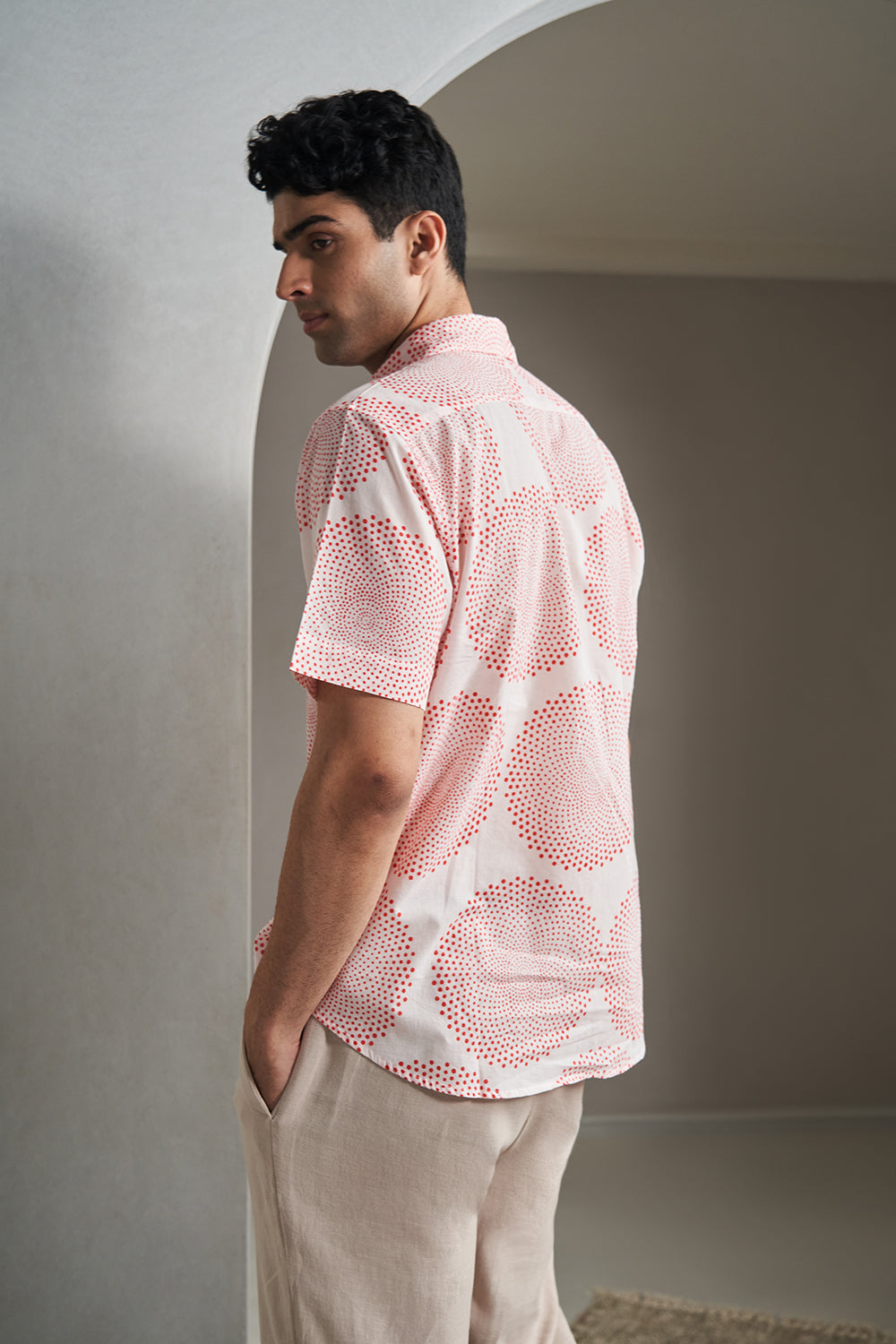 Red Dots Circle Handblock Printed Men's Shirt