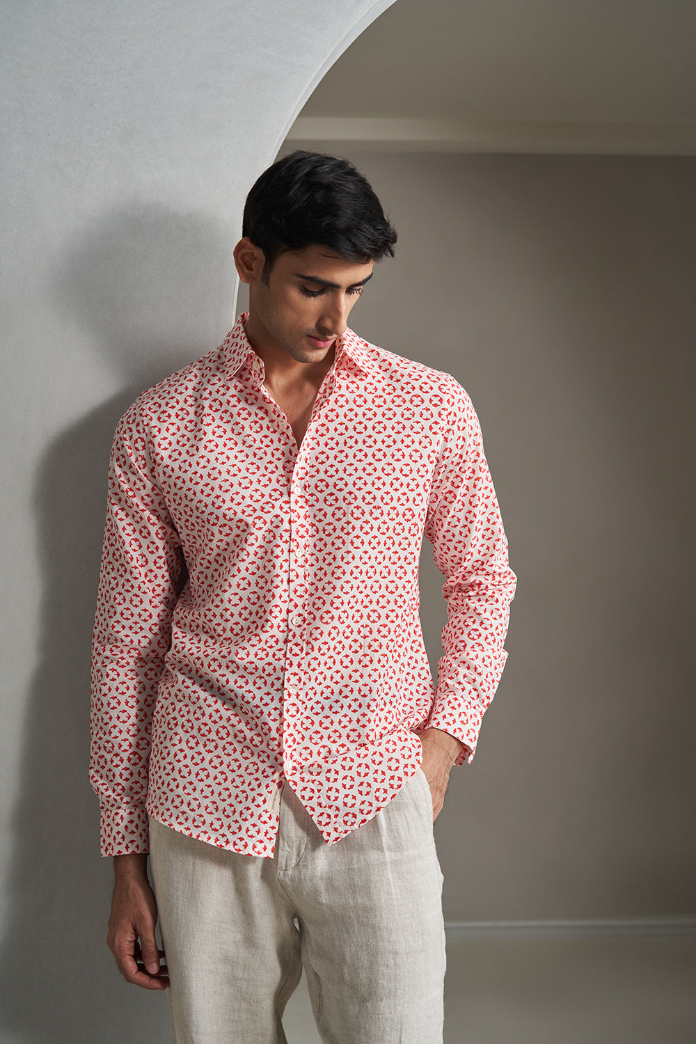 Red Birds Handblock Printed Men's Shirt