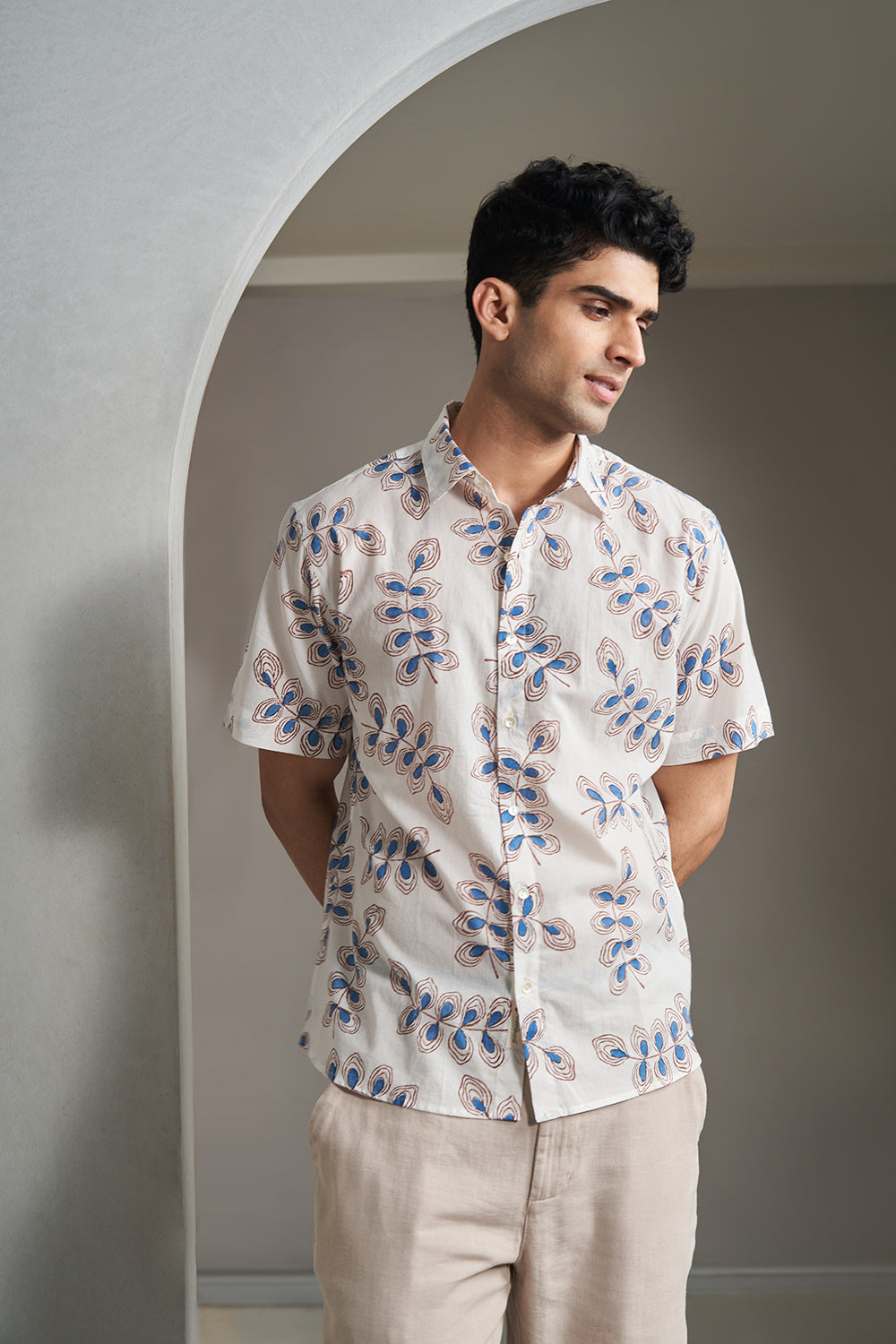 Blue multi color Twig Handblock Printed Men's Shirt