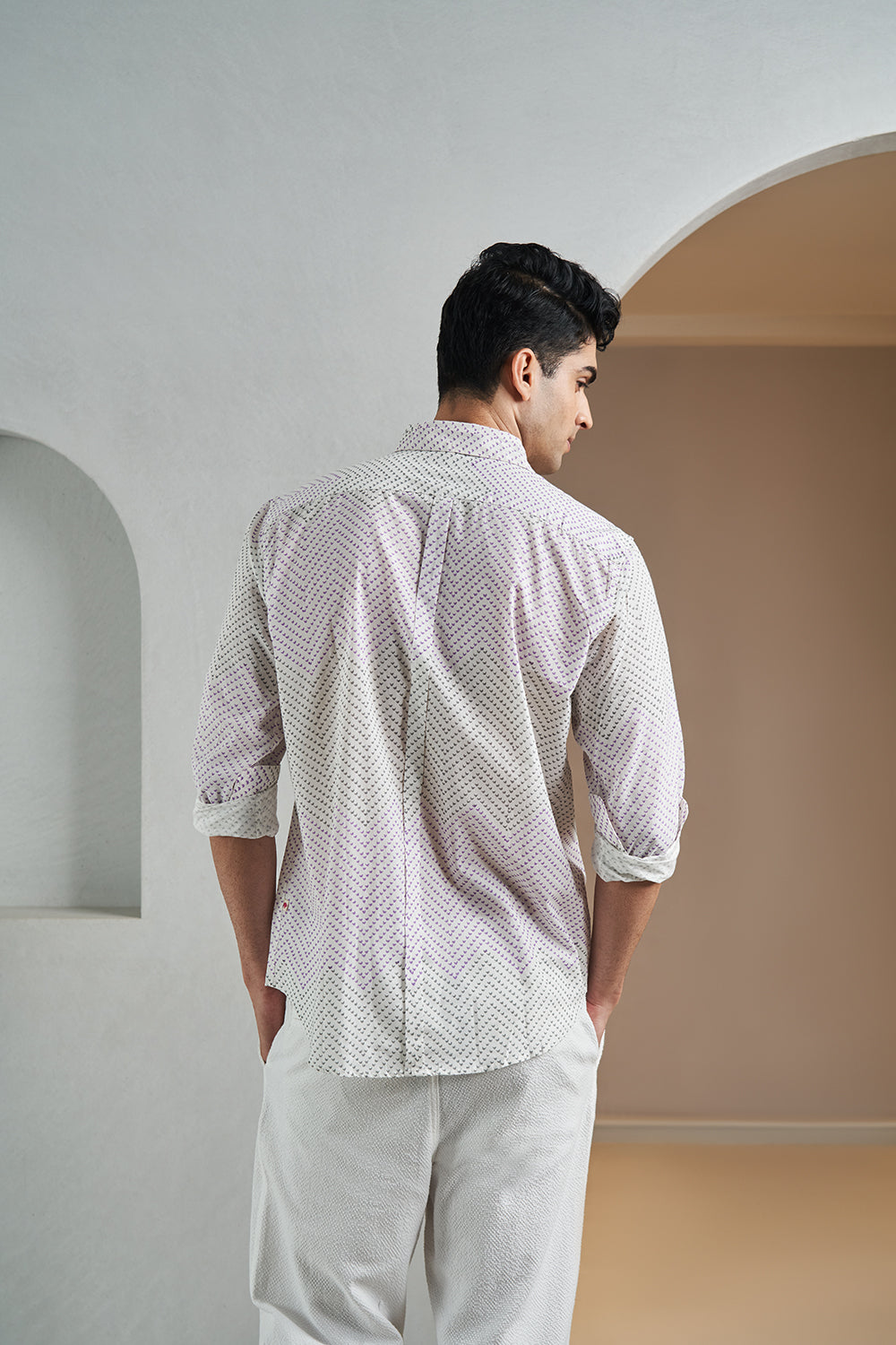 Grey Leaf Chevrons Handblock Printed Men's Shirt