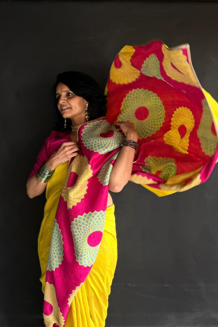 Ahilya Mulberry Silk Flip Pallu Saree Yellow Pink