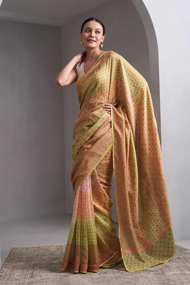 Jhelum Maheshwari Block Printed Flip Pallu Saree - Olive Green_Peach