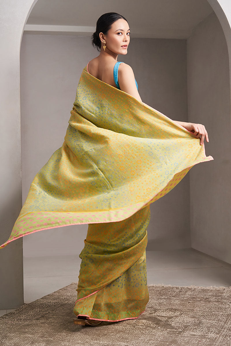 Ganga Maheshwari Block Printed Flip Pallu Saree - Green_Yellow
