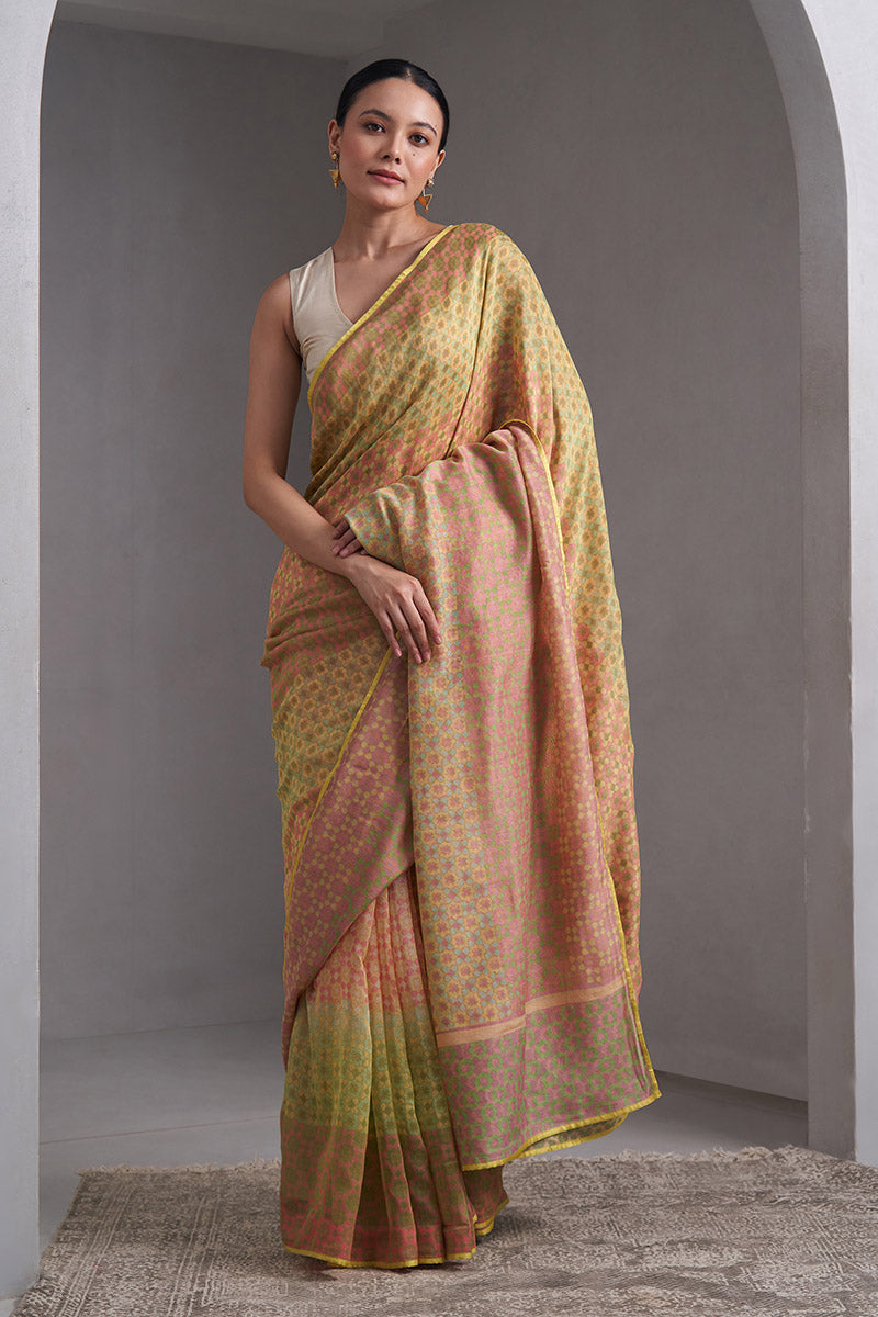 Jhelum Maheshwari Block Printed Flip Pallu Saree - Olive Green_Peach