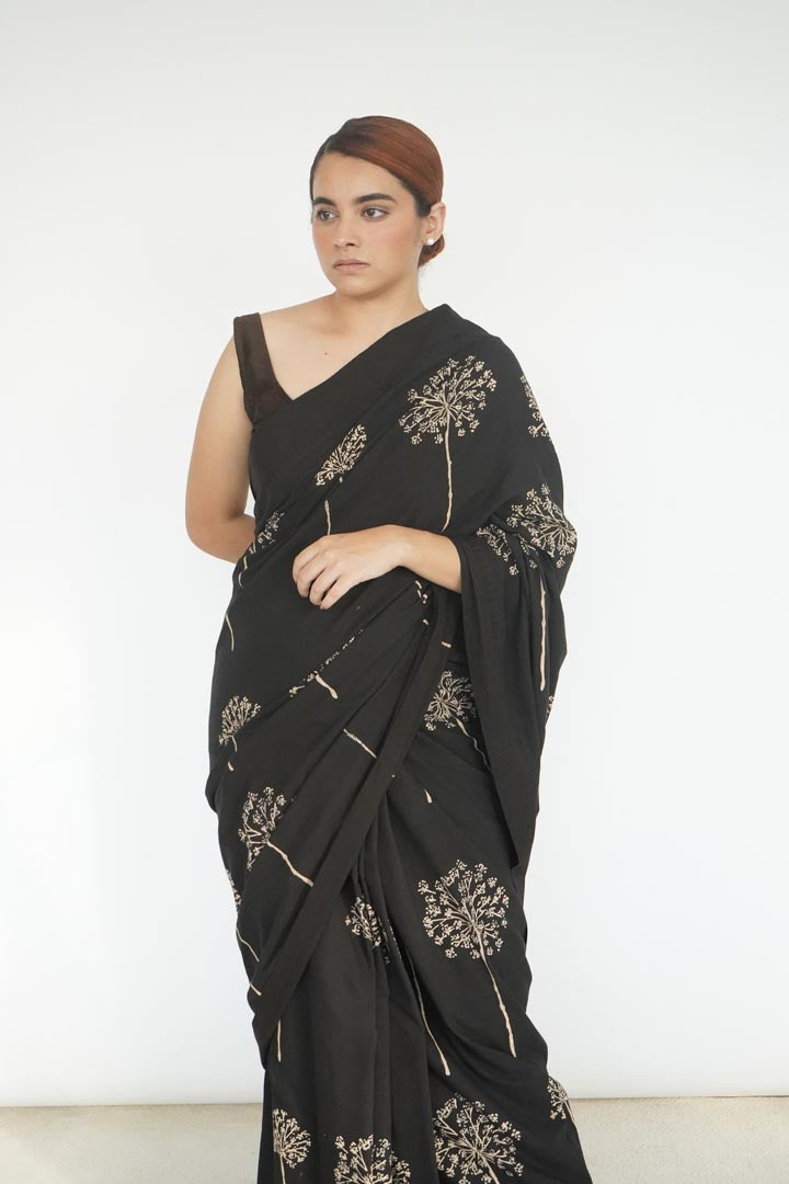 Dandellion black handloom malkha cotton handblock printed sari