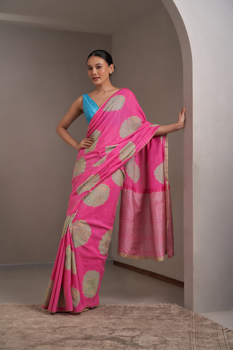 Madhubala Handloom Cotton Silk Hand Blockprinted Saree
