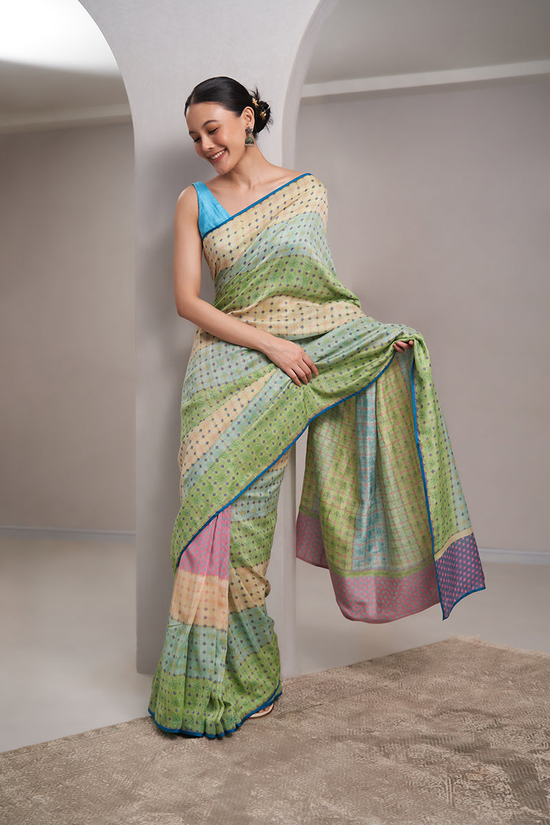 Saraswati Maheshwari Block Printed Flip Pallu Saree - Blue_Pink