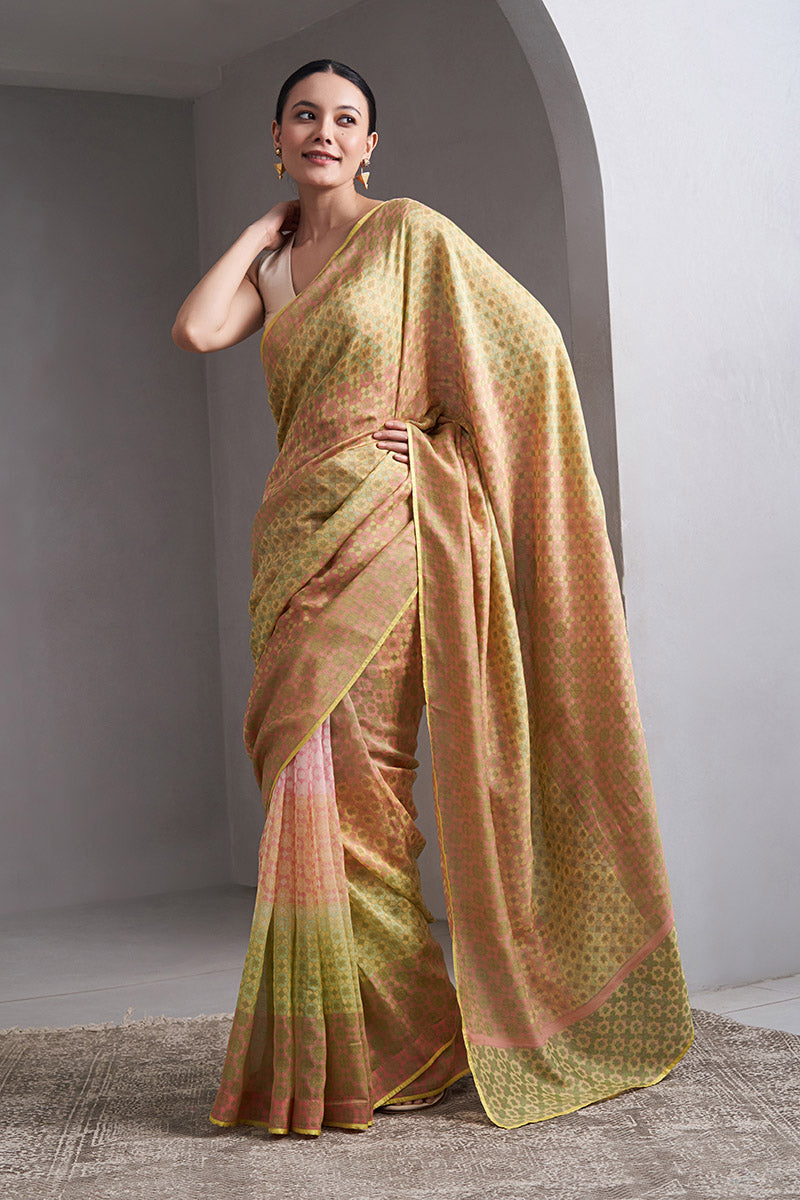 Jhelum Maheshwari Block Printed Flip Pallu Saree - Olive Green_Peach