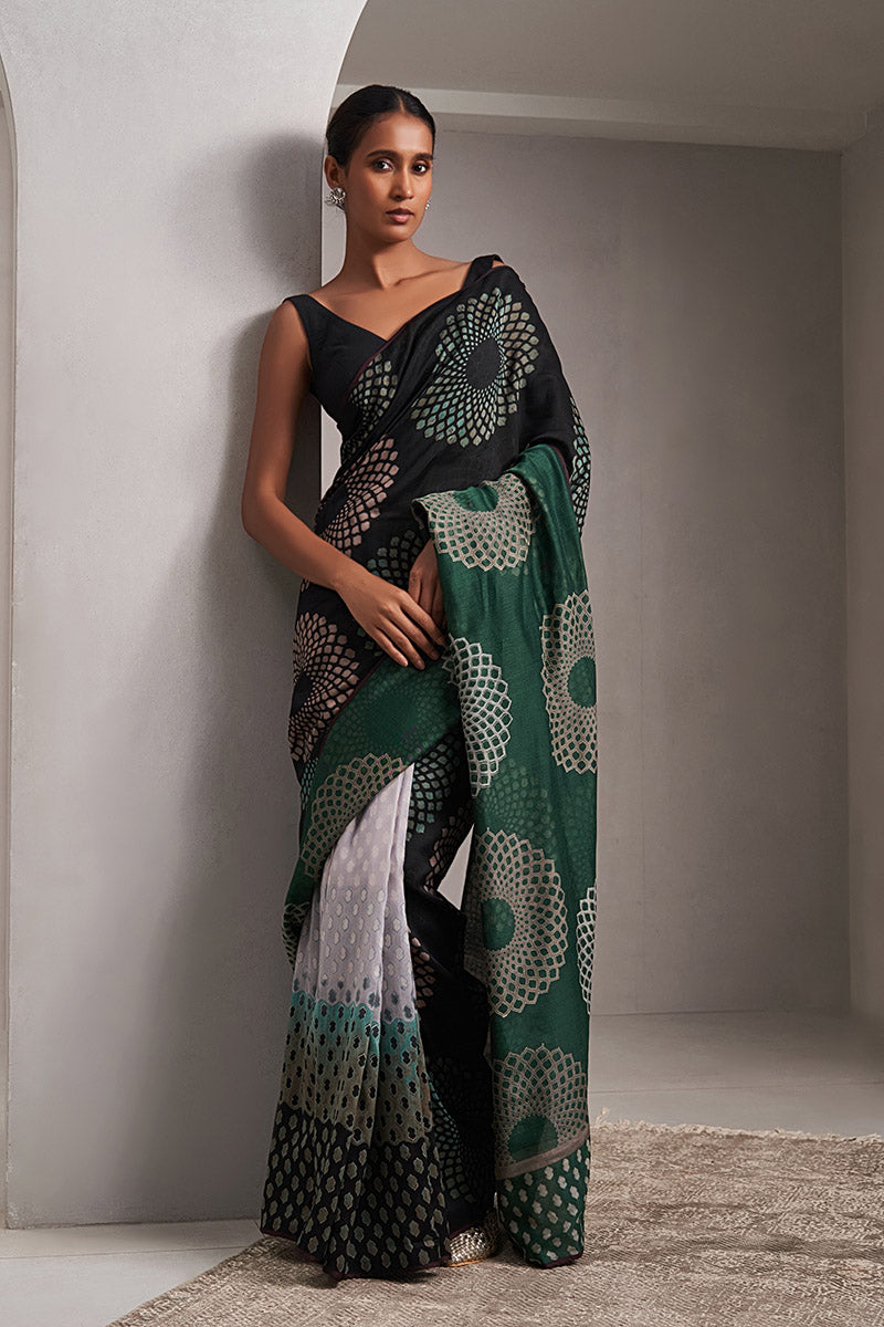Chenab Maheshwari Block Printed Flip Pallu Saree - Black_Green