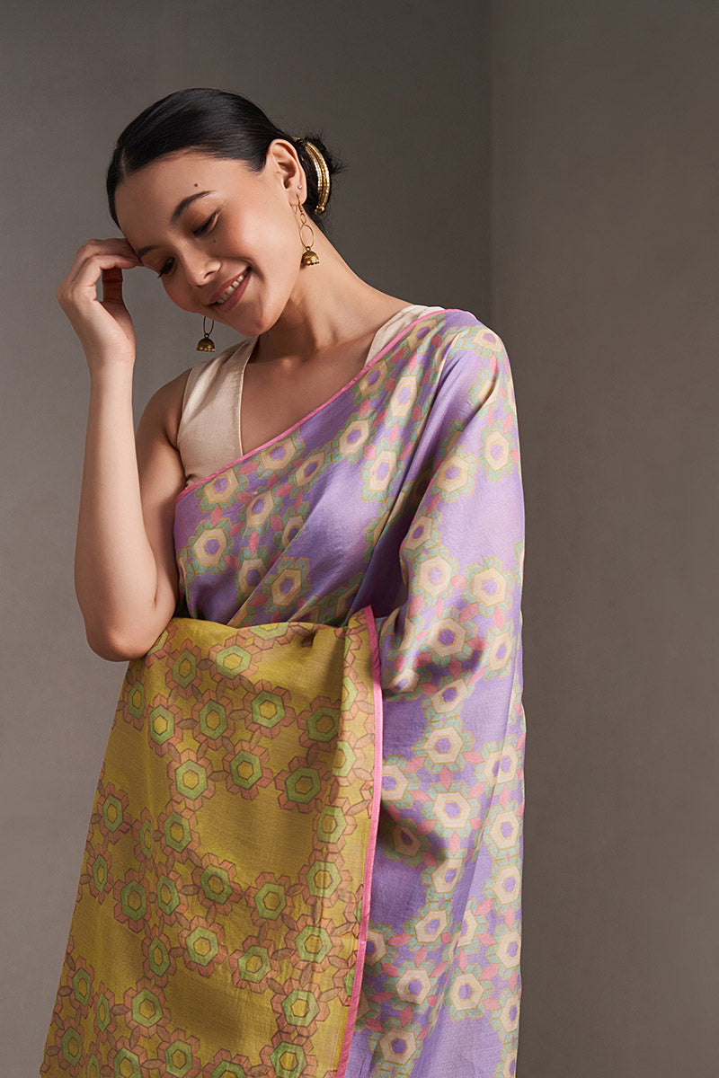 Krishna Maheshwari Block Printed Flip Pallu Saree - Lavender_Yellow