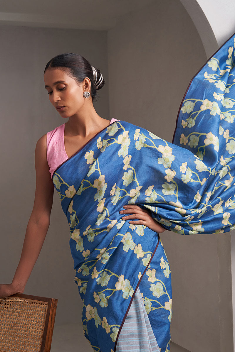 Sindhu Maheshwari Block Printed Flip Pallu Saree - Blue_Grey