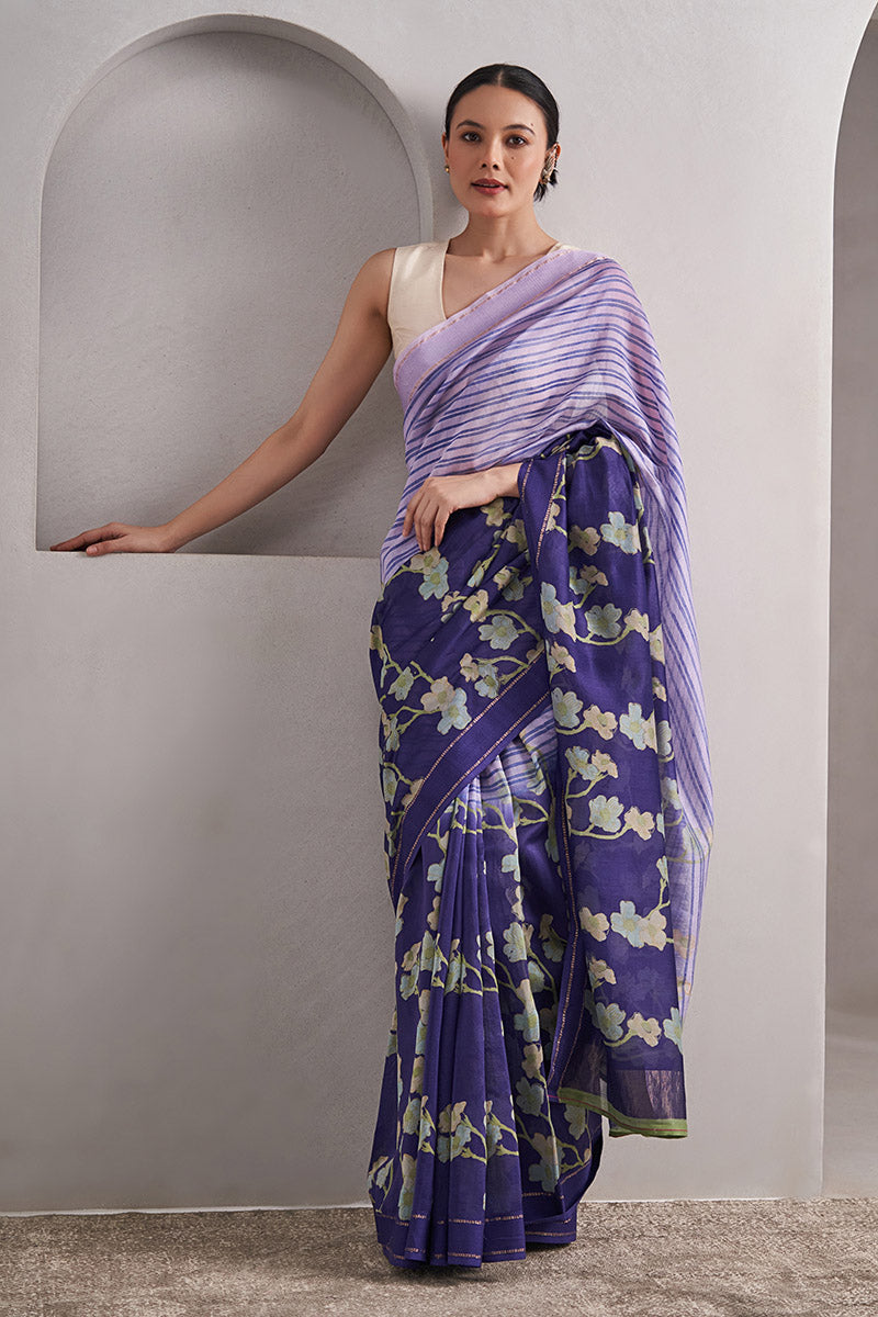 Sharmila Handloom Maheshwari Cotton Silk Hand Blockprinted Saree