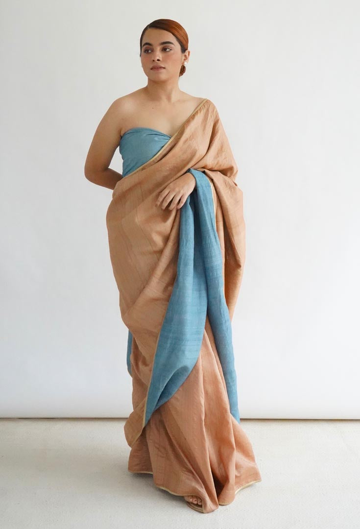Brown Indigo Natural Dyes Handloom Tussar Signature Flip Pallu Saree