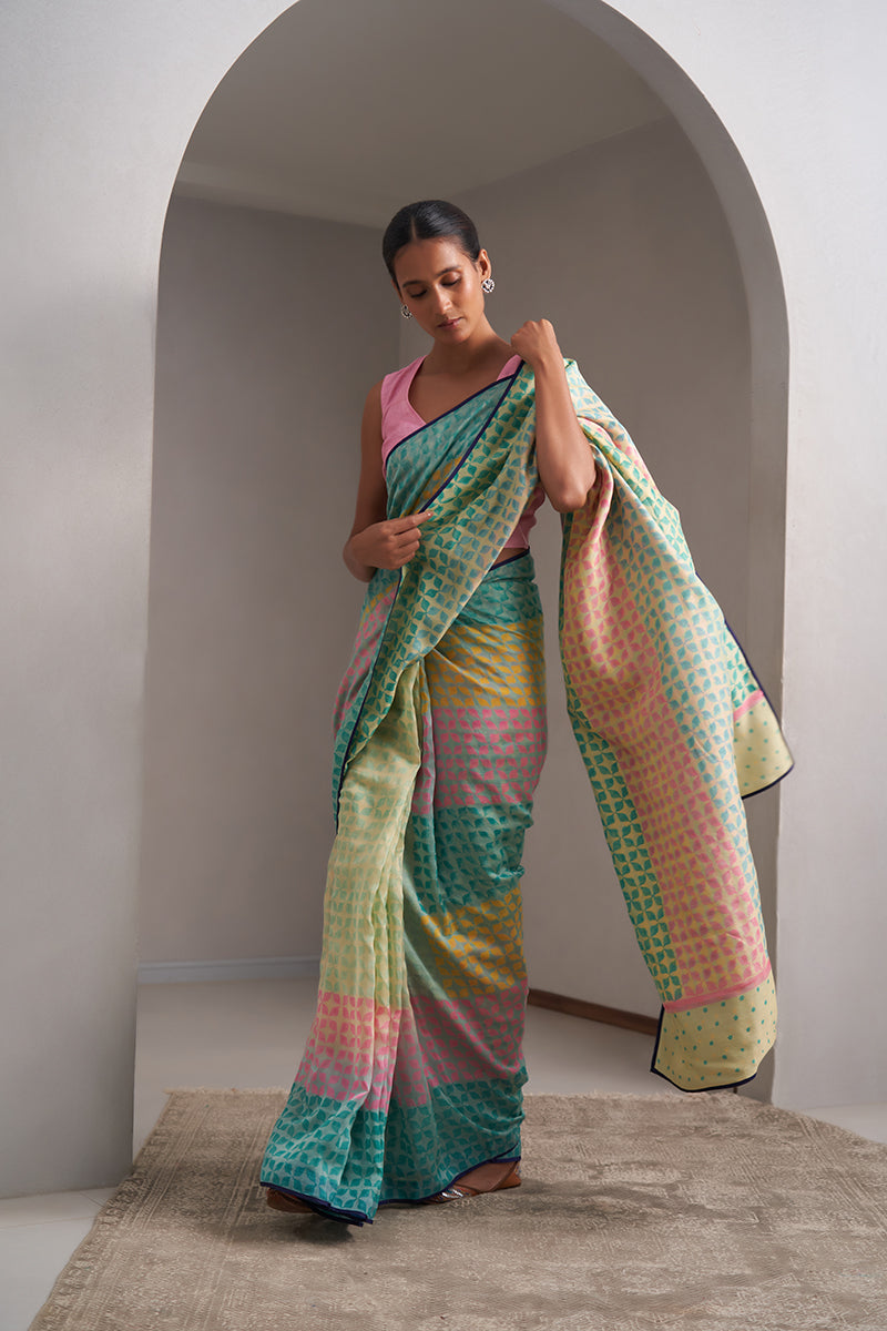 Narmada Maheshwari Block Printed Flip Pallu Saree - Teal Green_Yellow