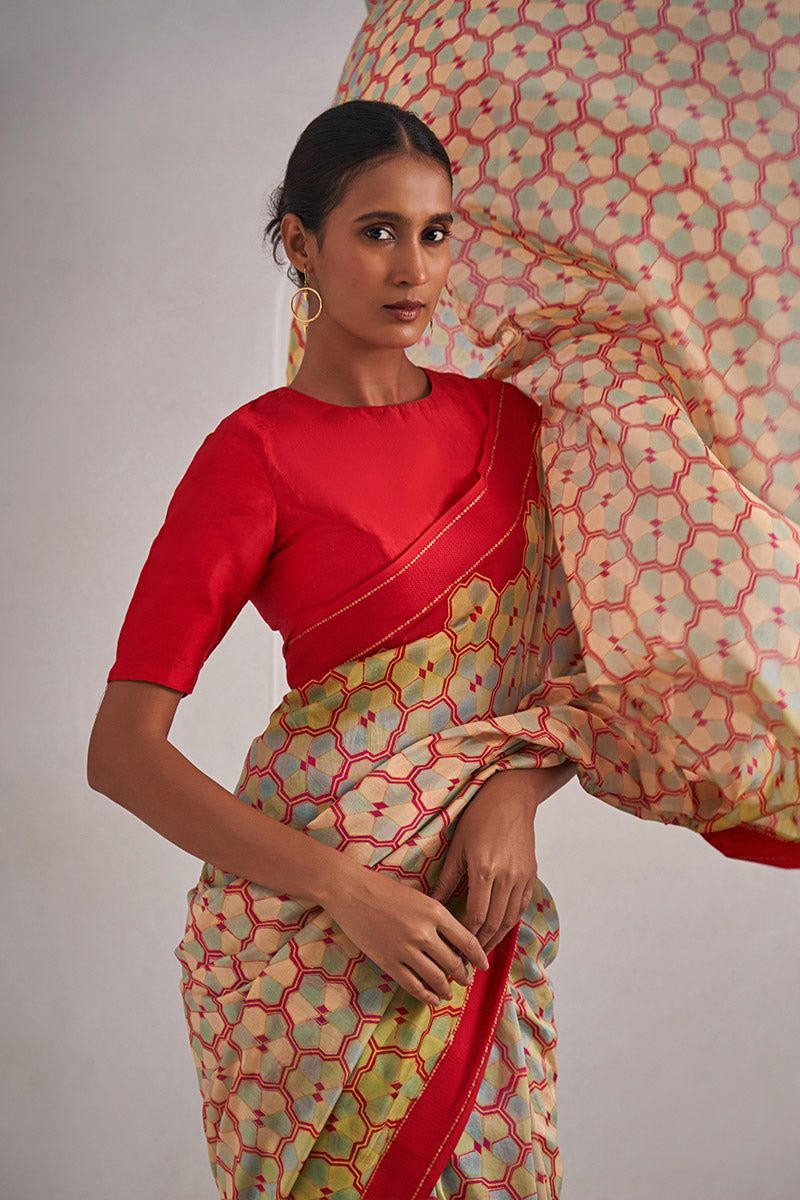 Nargis Handloom Maheshwari Cotton Silk Hand Blockprinted Saree