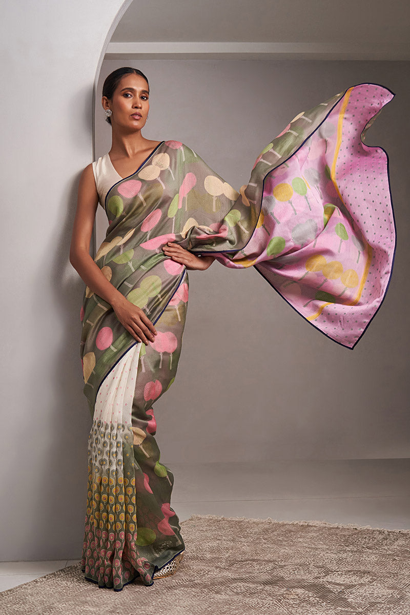 Yamuna Maheshwari Block Printed Flip Pallu Saree - Olive Green_Pink