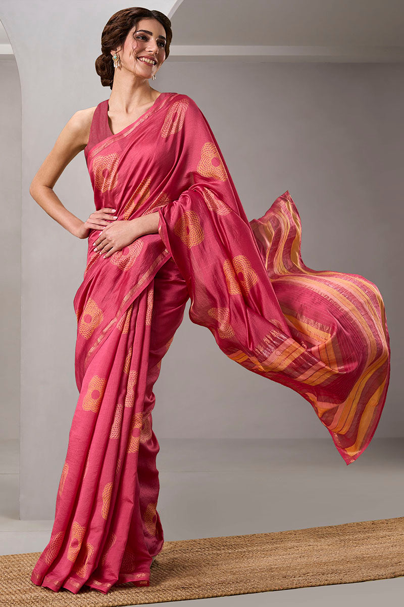 Aarohi Handloom Maheshwari Silk Hand Blockprinted  Saree