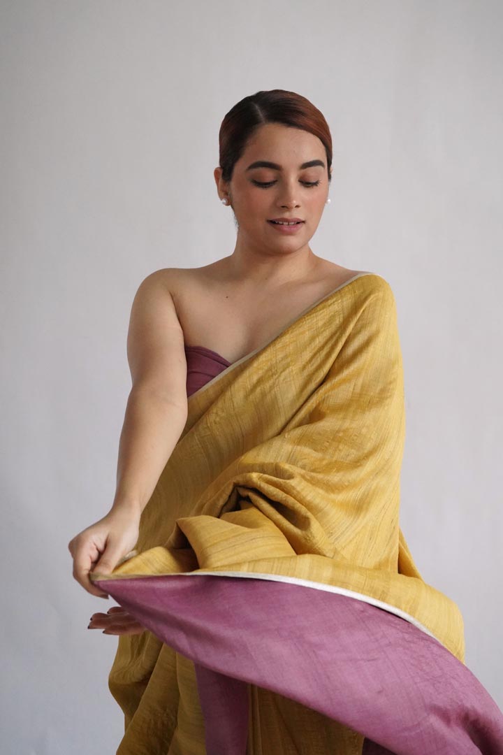 Yellow Pink Natural Dyes Handloom Tussar Signature Flip Pallu Saree