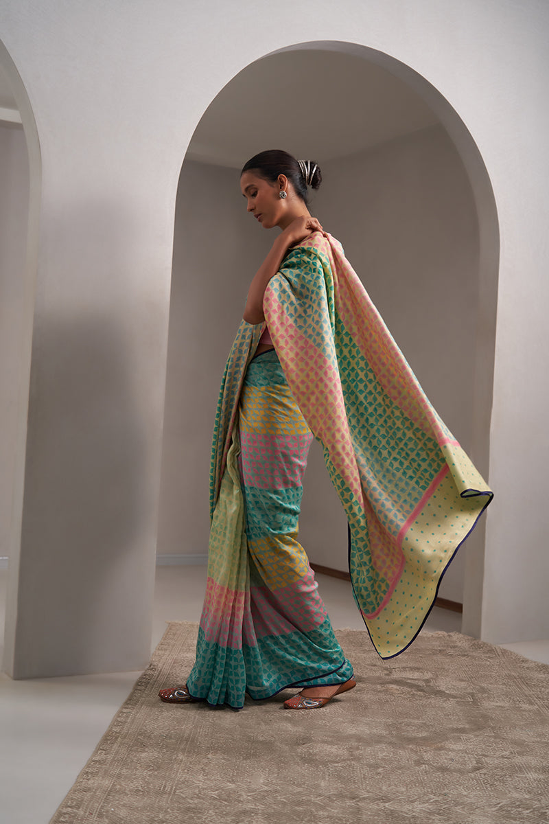 Narmada Maheshwari Block Printed Flip Pallu Saree - Teal Green_Yellow