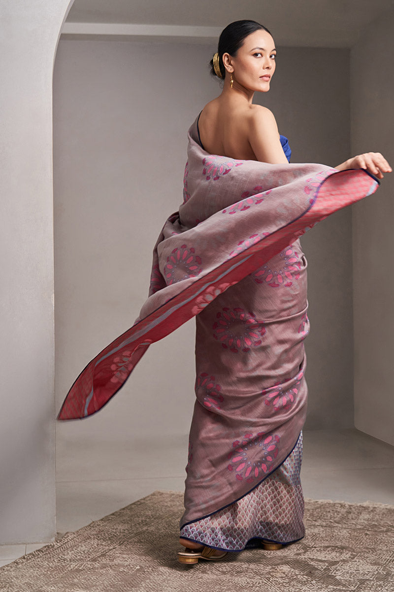 Tapti Maheshwari Block Printed Flip pallu Saree - Grey_Wine