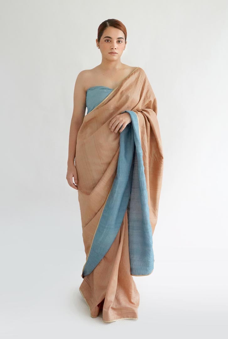Brown Indigo Natural Dyes Handloom Tussar Signature Flip Pallu Saree