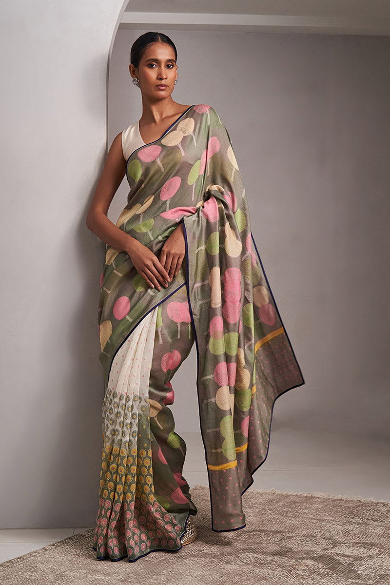 Yamuna Maheshwari Block Printed Flip Pallu Saree - Olive Green_Pink