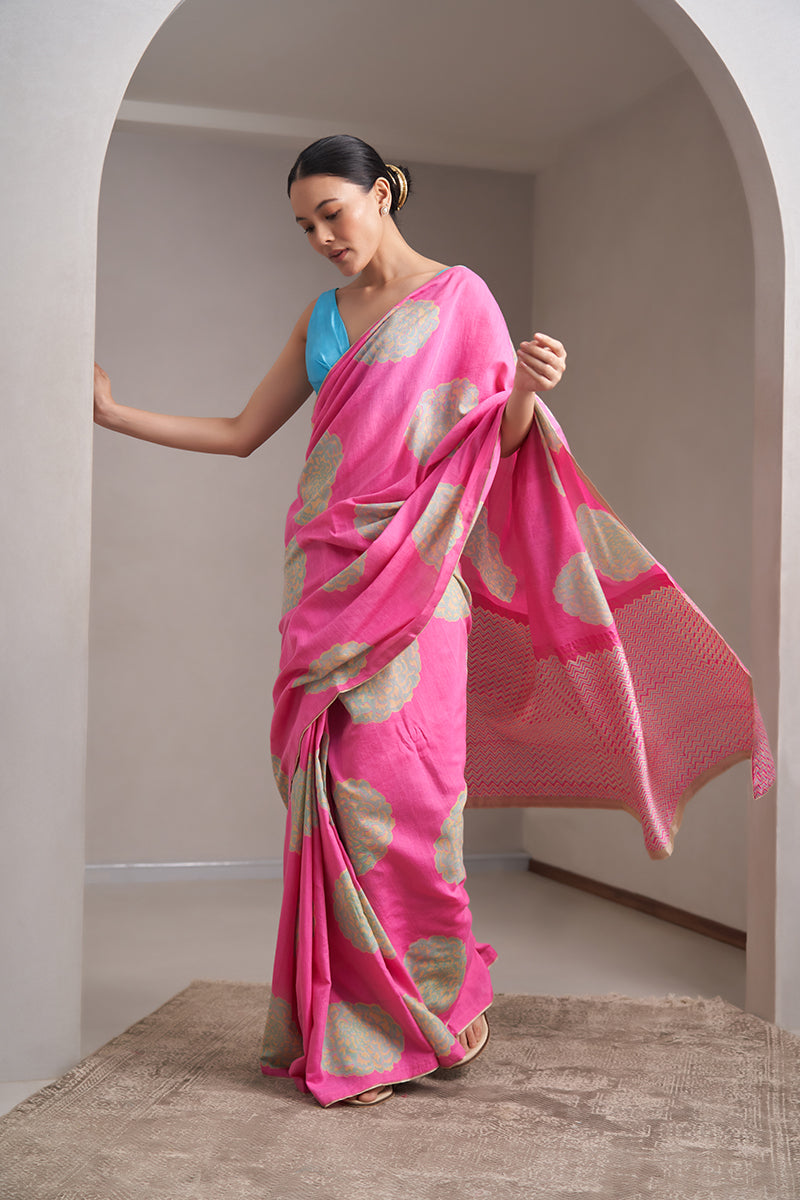 Madhubala Handloom Cotton Silk Hand Blockprinted Saree