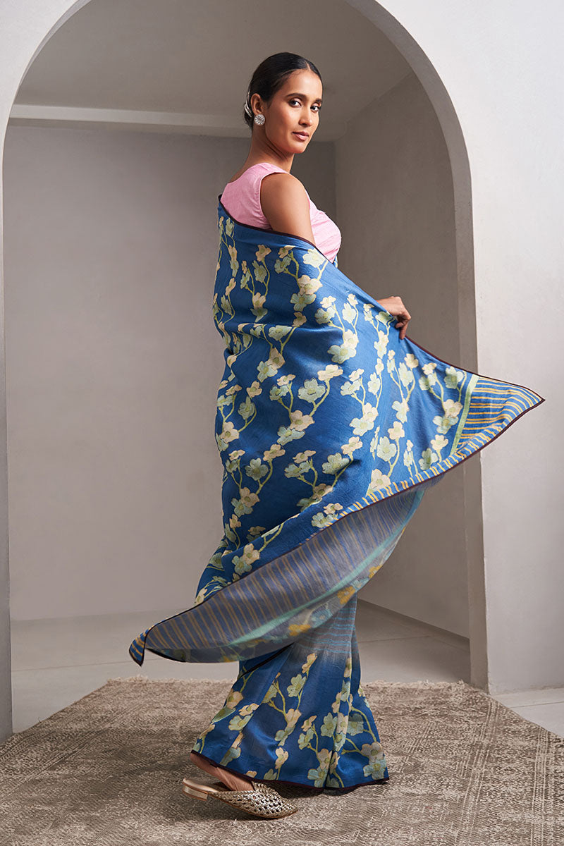Sindhu Maheshwari Block Printed Flip Pallu Saree - Blue_Grey