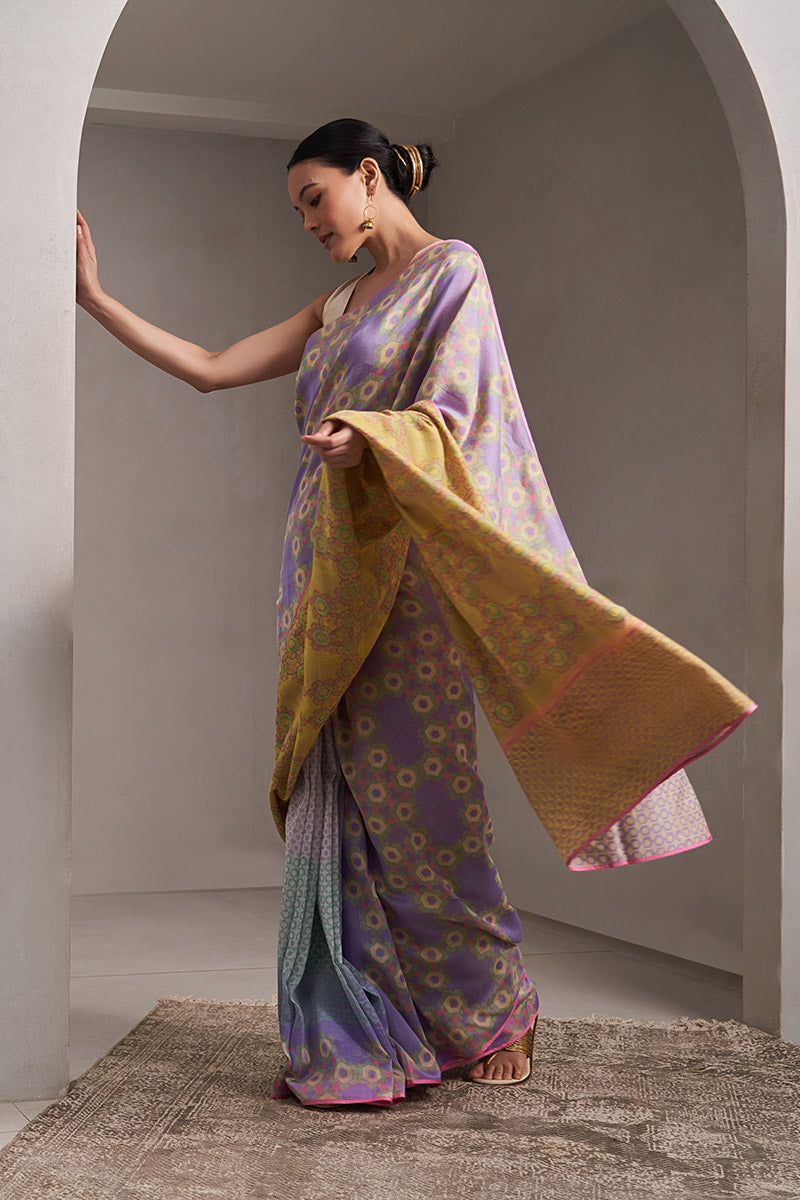 Krishna Maheshwari Block Printed Flip Pallu Saree - Lavender_Yellow